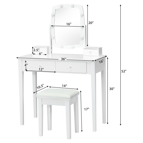 Gymax Vanity Table Set with Lighted Mirror Adjustable 10 Bulbs Dresser 4 Drawer