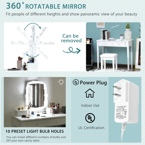 Gymax Vanity Table Set with Lighted Mirror Adjustable 10 Bulbs Dresser 4 Drawer