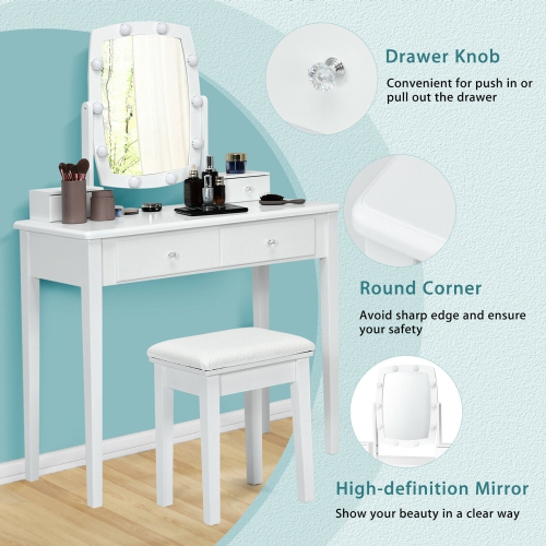 Gymax Vanity Table Set with Lighted Mirror Adjustable 10 Bulbs Dresser 4 Drawer