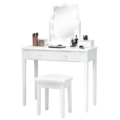 Gymax Vanity Table Set with Lighted Mirror Adjustable 10 Bulbs Dresser 4 Drawer