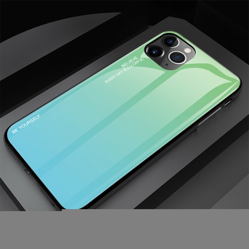 HELVIS  Gradient Tempered Glass Phone Case Cover for Iphone 13 Pro (Green-Cyan)