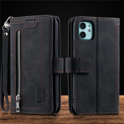 WILLCASE  Wallet Leather Magnetic Case Shockproof Leather Zipper Flip Cover Credit Card Holder for Iphone 13 Pro (Black)