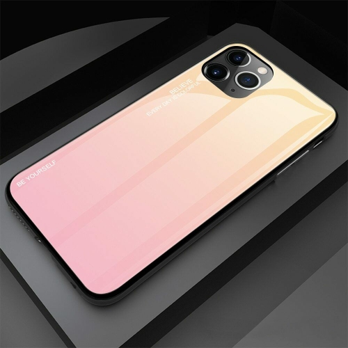 HELVIS  Gradient Tempered Glass Phone Case Cover for Iphone 13 Pro (Yellow-Pink)