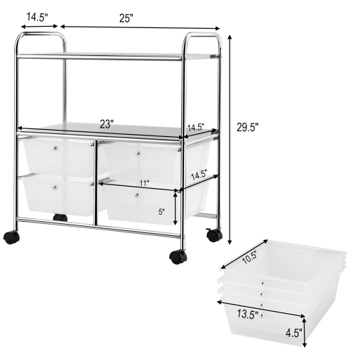 Topbuy 4-Drawer Rolling Storage Cart Metal Rack Organizer Shelf with Wheels Clear