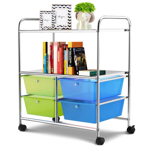 TOPBUY  4-Drawer Rolling Storage Cart Metal Rack Organizer Shelf With Wheels Green+ In Blue