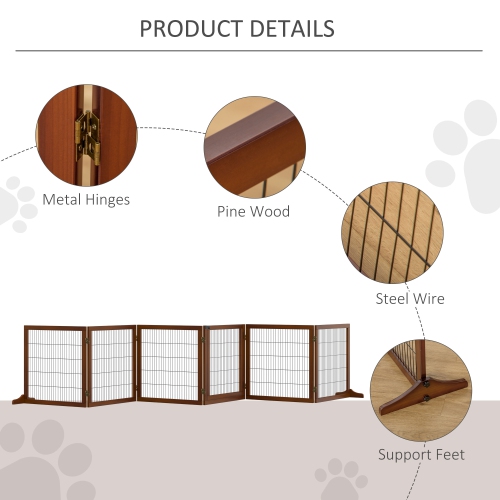 PawHut Wooden Pet Gate, Dog Safety Barrier, Freestanding Foldable Fence, w/ 6 Panels, 2 Support Feet, for House Doorway Stairs, Small & Medium Dogs,