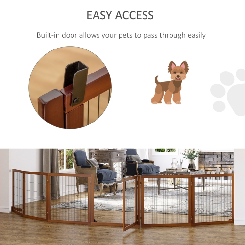 PawHut Wooden Pet Gate, Dog Safety Barrier, Freestanding Foldable Fence, w/ 6 Panels, 2 Support Feet, for House Doorway Stairs, Small & Medium Dogs,