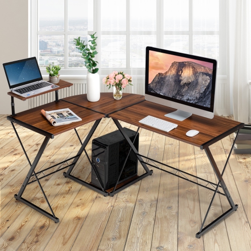 TopBuy – Table de jeu en coin pour ordinateur avec support pour moniteur et plateau organisateur, noir/antique/noyer