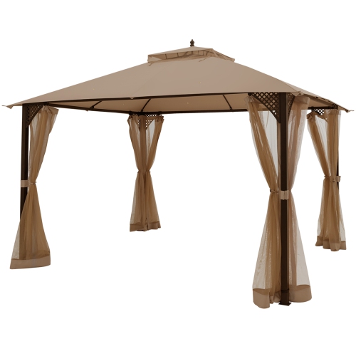 TOPBUY  12' X 10' Octagonal Tent Outdoor Gazebo Canopy Shelter With Mosquito Netting Brown/beige