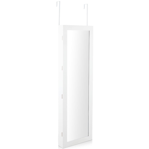 TOPBUY  Lockable Wall Mounted Mirrored Jewelry Organizer Armoire Cabinet W/ Led Lights In White