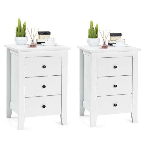 TOPBUY  2PCs End Table Nightstand Living Room Furniture W/ 3 Drawers In White