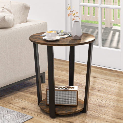 Topbuy 2-Tier Industrial Round End Table Metal Sofa Side Table W/ Storage Shelf