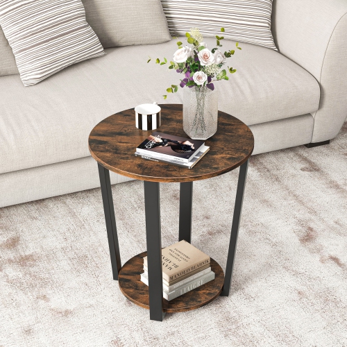 Topbuy 2-Tier Industrial Round End Table Metal Sofa Side Table W/ Storage Shelf