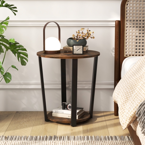 Topbuy 2-Tier Industrial Round End Table Metal Sofa Side Table W/ Storage Shelf