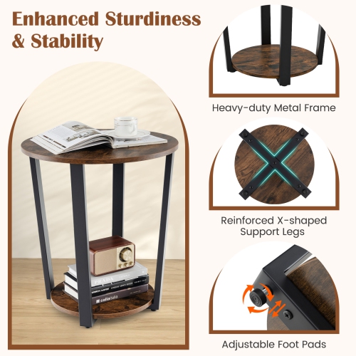 Topbuy 2-Tier Industrial Round End Table Metal Sofa Side Table W/ Storage Shelf