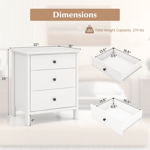 Topbuy 3-Drawer Modern Nightstand Bedside Table Wooden End Table White/Black