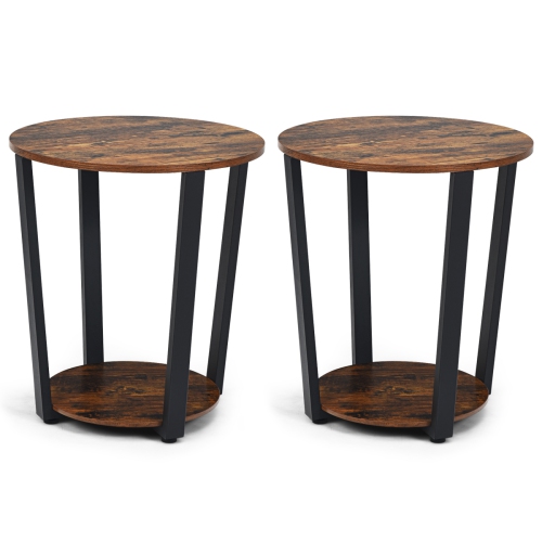 Topbuy 2 PCS 2-Tier Industrial Round End Table Metal Sofa Side Table with Storage Shelf