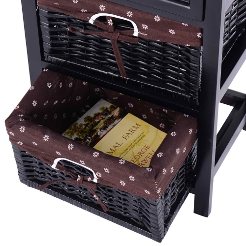 Topbuy 3 Layer Bed Side Wood Table Storage Units End Table Organizer w/2 Withdrawable Rattan Drawers