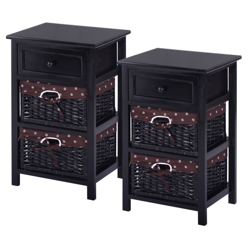 Topbuy 2 pcs 3-tier Bed Side Wood Table Storage Units End Table Organizer w/2 Rattan Drawers
