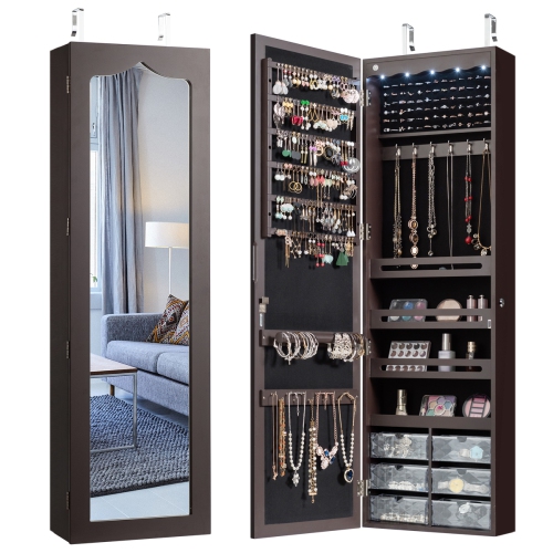 Topbuy Lockable Wall Mounted Jewelry Armoire w/Mirror & LED Lights