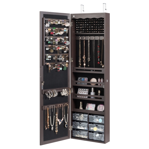 Topbuy Lockable Wall Mounted Jewelry Armoire w/Mirror & LED Lights