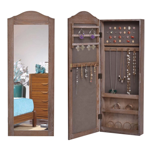 Topbuy Jewelry Cabinet Mirrored Armoire Storage Organizer Wall Hanging Walnut