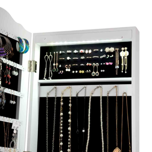 Topbuy Lockable Jewelery Cabinet Mirrored Floor Stand Storage Organizer White