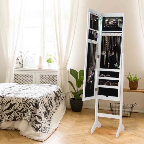 Topbuy Lockable Jewelery Cabinet Mirrored Floor Stand Storage Organizer White