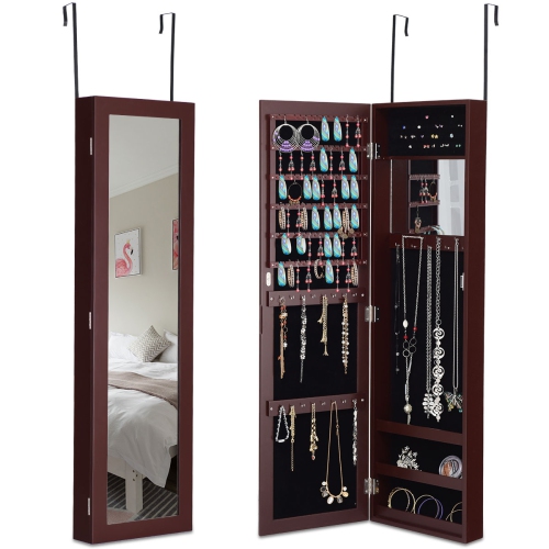 Topbuy Wall Door Mounted Mirrored Jewelry Cabinet Standing Vanity Storage Box