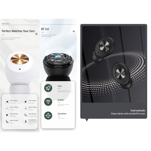 True Wireless Earbuds Bluetooth 5.0 compatible with Android, Apple Airpod, PC. Touch Controls, Super Stereo Bass Sound, 5H Playtime, Noise