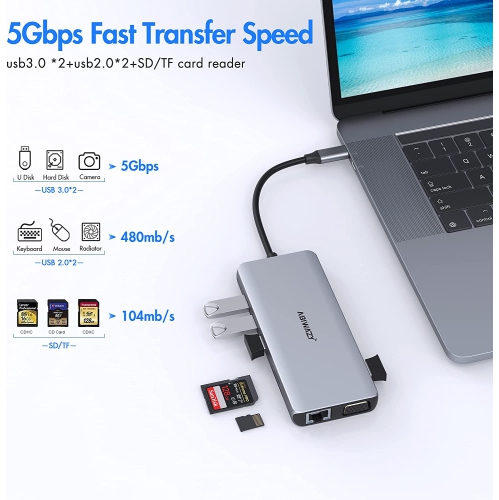 USB C Docking Station Dual Monitor Adapter USB-C Docking Station Triple Display USB C Hub to Dual HDMI,VGA,Ethernet,2USB3.0,2 USB2.0,PD,SD/TF, Audio