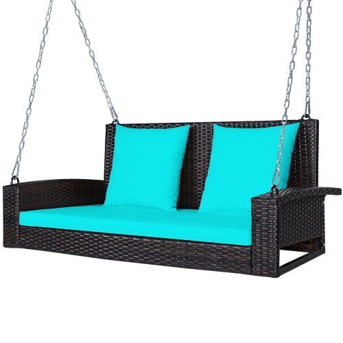 Costway 2-Person Patio Rattan Hanging Porch Swing Bench Chair Cushion