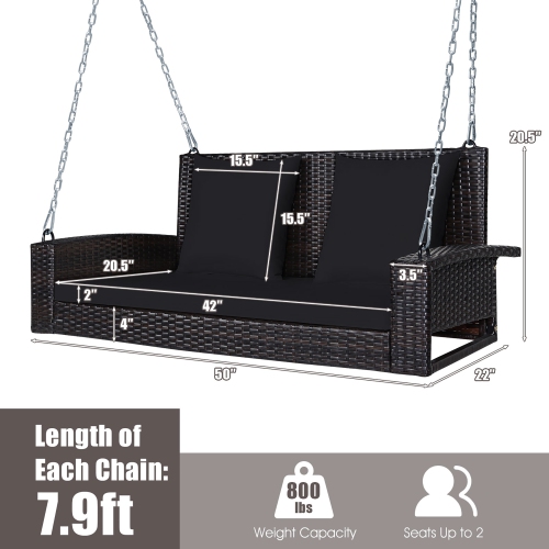 Costway 2-Person Patio Rattan Hanging Porch Swing Bench Chair Cushion