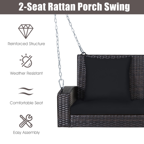 Costway 2-Person Patio Rattan Hanging Porch Swing Bench Chair Cushion