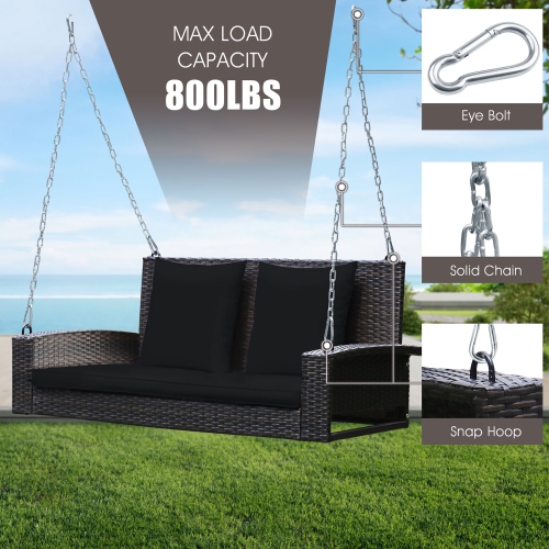 Costway 2-Person Patio Rattan Hanging Porch Swing Bench Chair Cushion