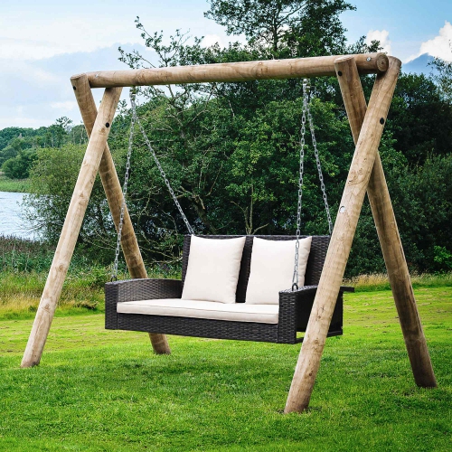 Costway 2-Person Patio Rattan Hanging Porch Swing Bench Chair Cushion
