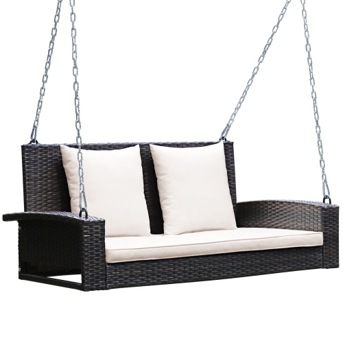 Costway 2-Person Patio Rattan Hanging Porch Swing Bench Chair Cushion
