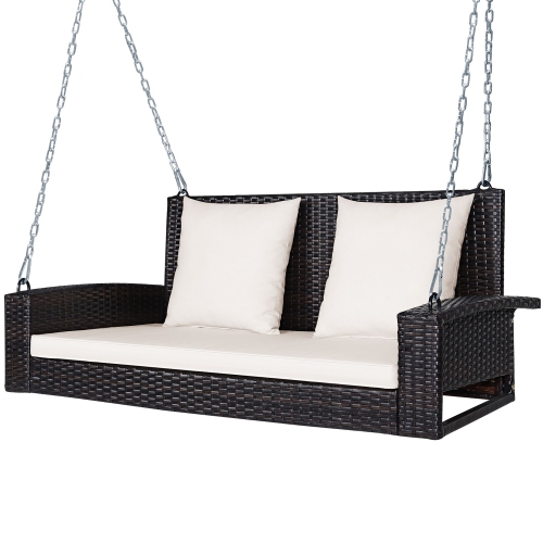 Costway 2-Person Patio Rattan Hanging Porch Swing Bench Chair Cushion