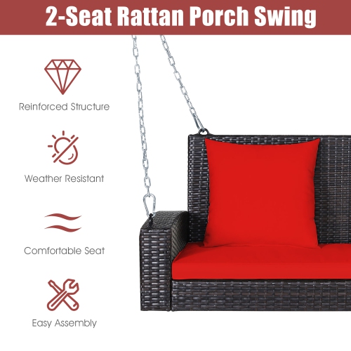 Costway 2-Person Patio Rattan Hanging Porch Swing Bench Chair Cushion