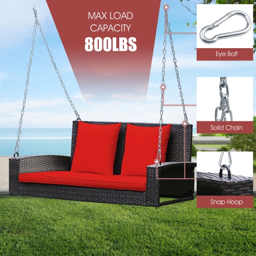 Costway 2-Person Patio Rattan Hanging Porch Swing Bench Chair Cushion