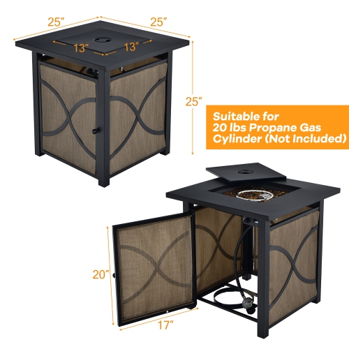 Costway 25-Inch Square Propane Fire Pit Table 40000 BTU W/ Lid, Fire Glass