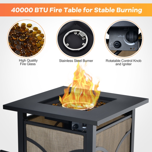 Costway 25-Inch Square Propane Fire Pit Table 40000 BTU W/ Lid, Fire Glass