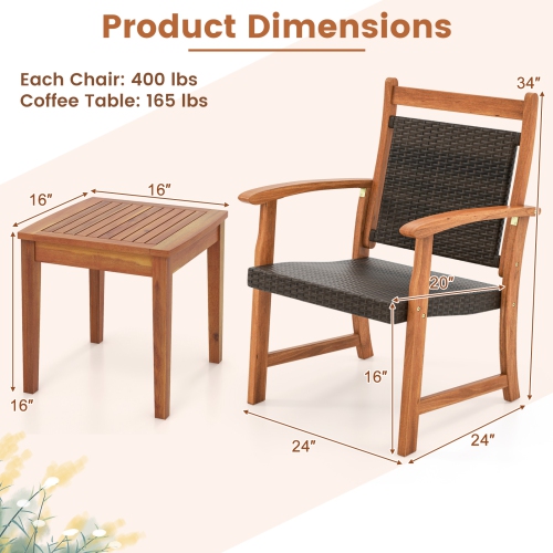 Ensemble de patio en rotin Bistro 3 pièces de Costway, cadre en bois d'acacia, accoudoirs, jardin