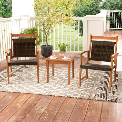 Ensemble de patio en rotin Bistro 3 pièces de Costway, cadre en bois d'acacia, accoudoirs, jardin