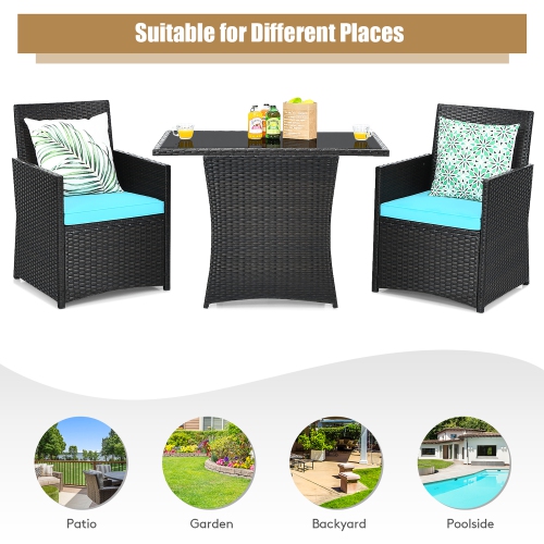 Costway 3PCS Patio Rattan Furniture Set Cushion Sofa Armrest Garden Deck