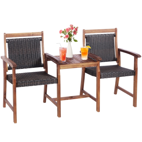 Costway 2-Seat Patio Rattan Bench Acacia Wood Frame Table W/Umbrella Hole Deck