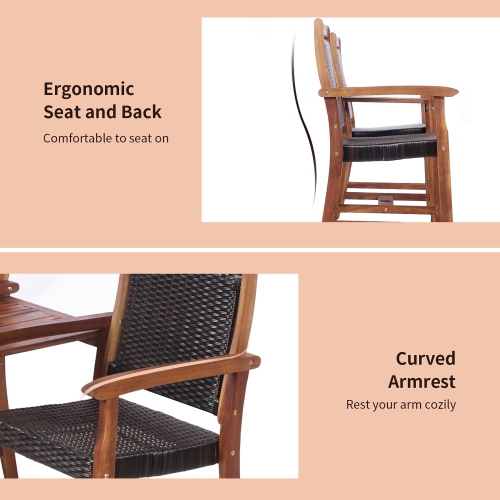 Costway 2-Seat Patio Rattan Bench Acacia Wood Frame Table W/Umbrella Hole Deck