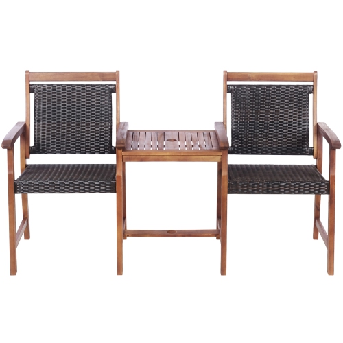 Costway 2-Seat Patio Rattan Bench Acacia Wood Frame Table W/Umbrella Hole Deck
