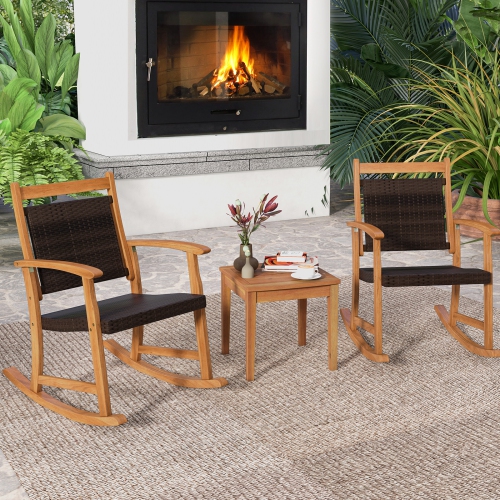 Ensemble bistro de patio en rotin 3PCS de Costway avec accoudoirs en bois d'acacia