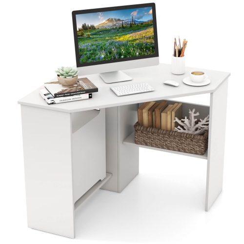 Costway Corner Computer Desk Triangle Writing Workstation w/ Storage Shelf